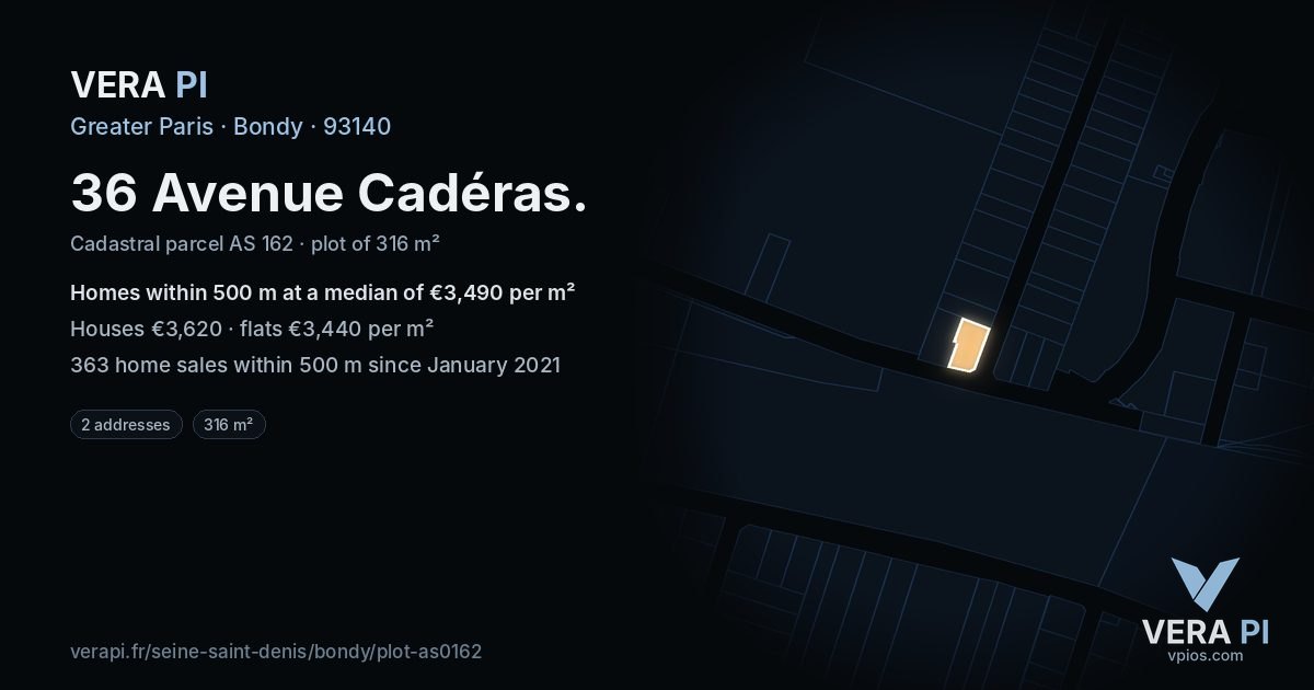36 Avenue Cadéras, Bondy at night – the plot lit, the parcels around coloured by the prices near them
