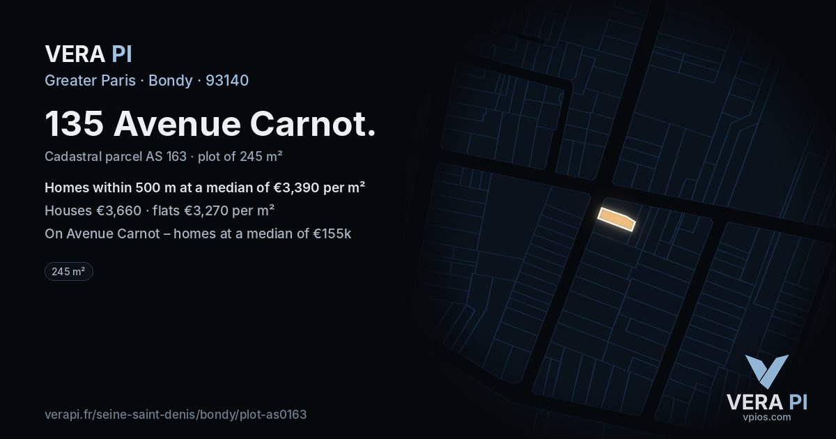 135 Avenue Carnot, Bondy at night – the plot lit, the parcels around coloured by the prices near them