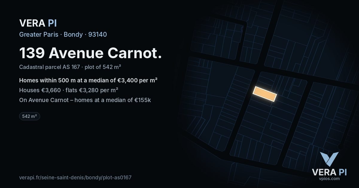 139 Avenue Carnot, Bondy at night – the plot lit, the parcels around coloured by the prices near them