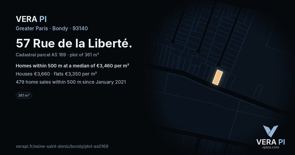 57 Rue de la Liberté, Bondy at night – the plot lit, the parcels around coloured by the prices near them