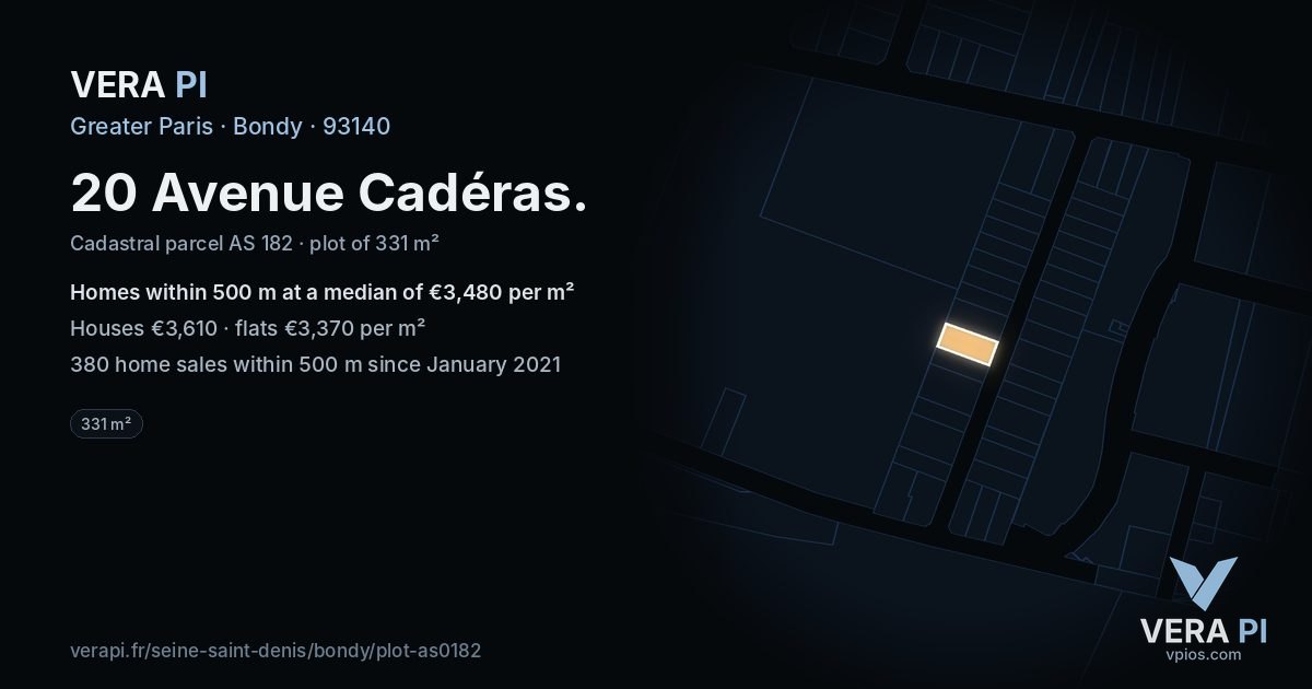 20 Avenue Cadéras, Bondy at night – the plot lit, the parcels around coloured by the prices near them