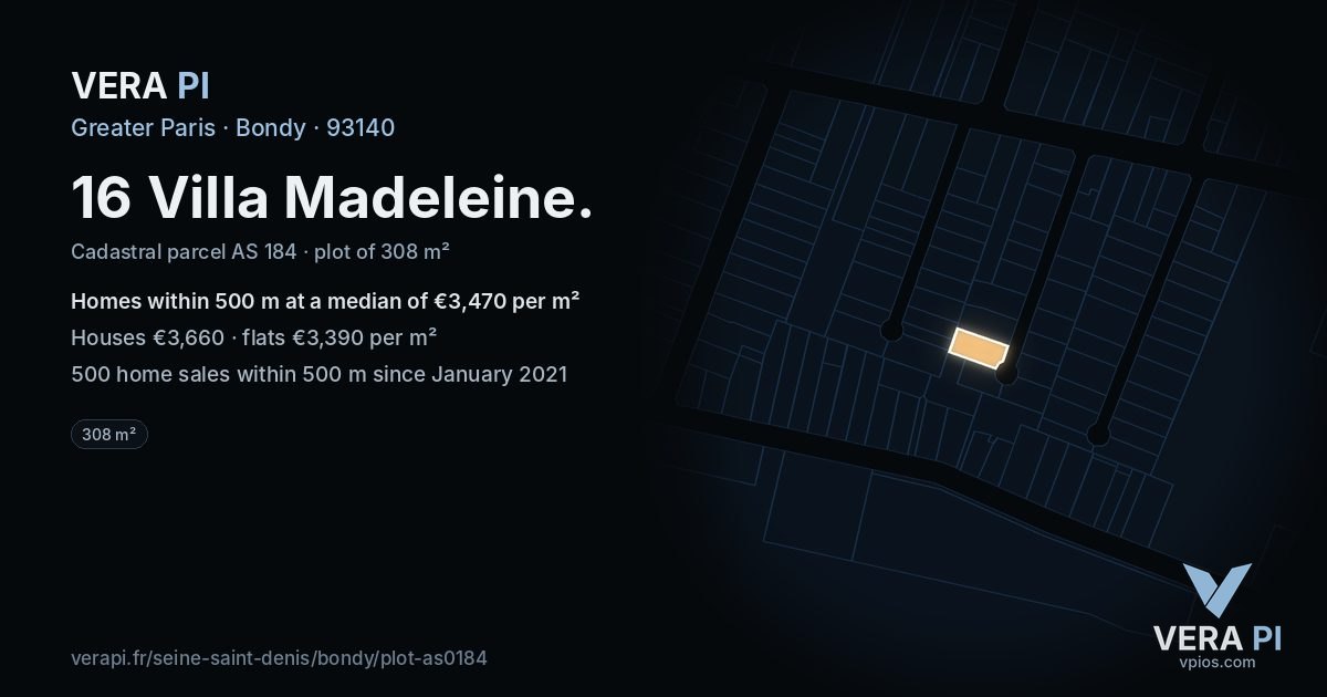 16 Villa Madeleine, Bondy at night – the plot lit, the parcels around coloured by the prices near them