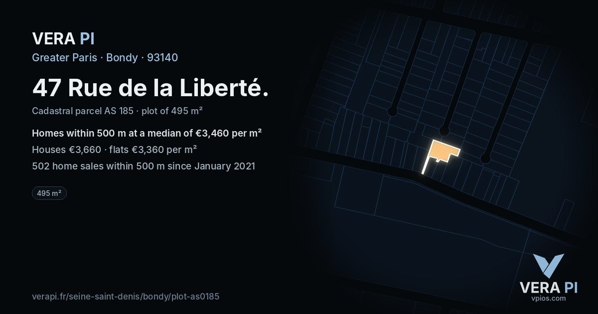 47 Rue de la Liberté, Bondy at night – the plot lit, the parcels around coloured by the prices near them
