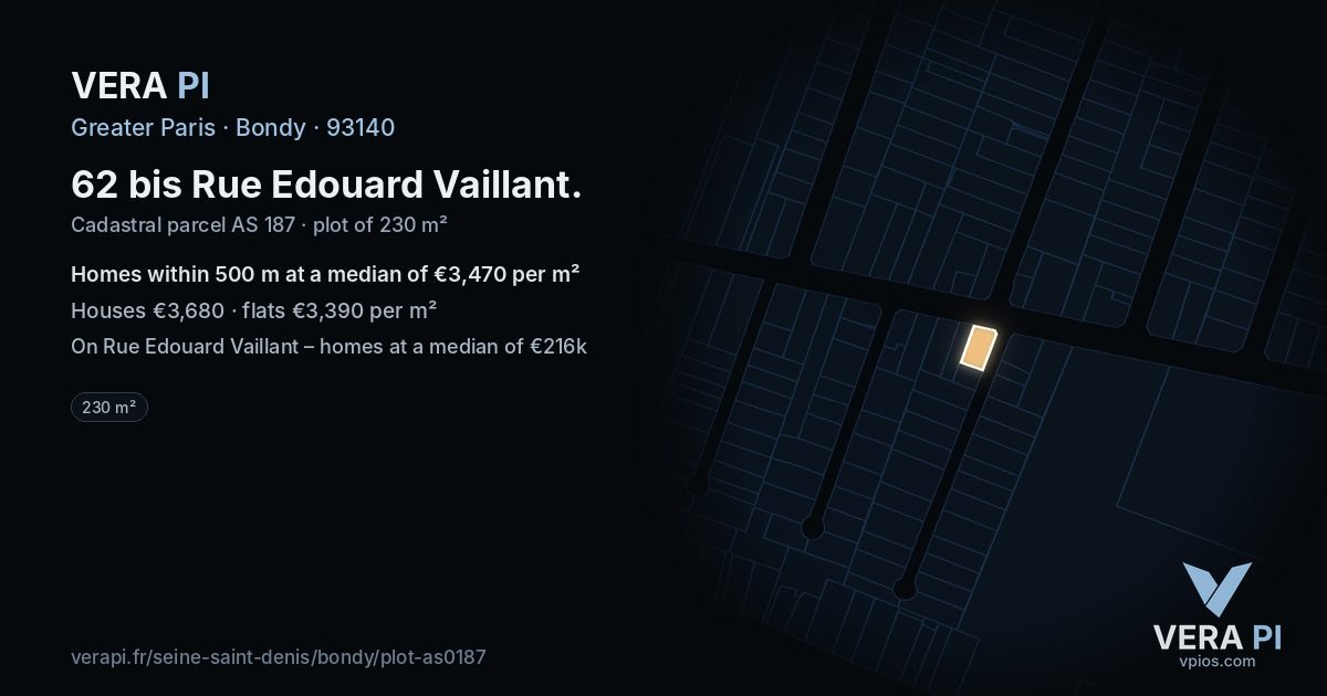 62 bis Rue Edouard Vaillant, Bondy at night – the plot lit, the parcels around coloured by the prices near them
