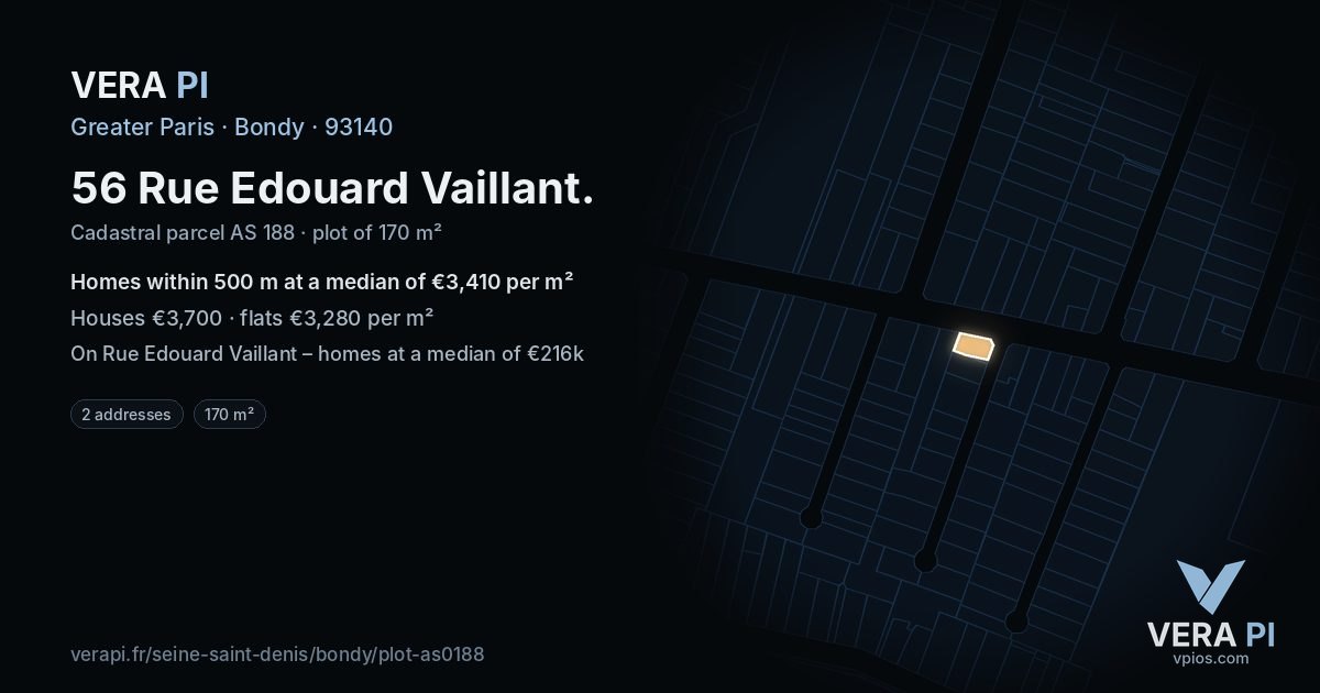 56 Rue Edouard Vaillant, Bondy at night – the plot lit, the parcels around coloured by the prices near them