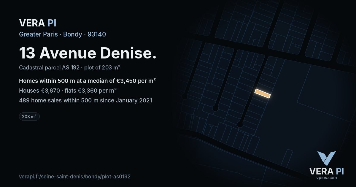 13 Avenue Denise, Bondy at night – the plot lit, the parcels around coloured by the prices near them