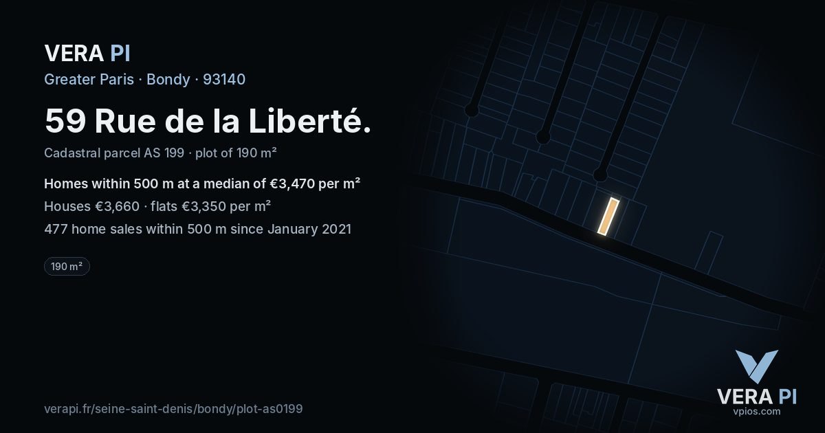 59 Rue de la Liberté, Bondy at night – the plot lit, the parcels around coloured by the prices near them