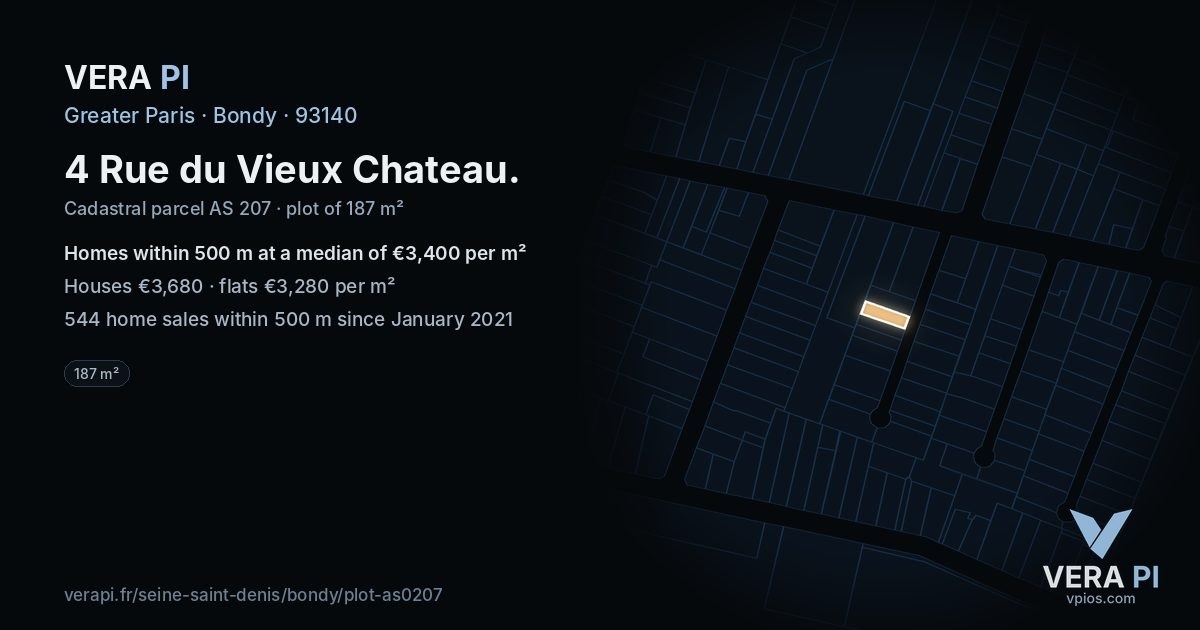 4 Rue du Vieux Chateau, Bondy at night – the plot lit, the parcels around coloured by the prices near them