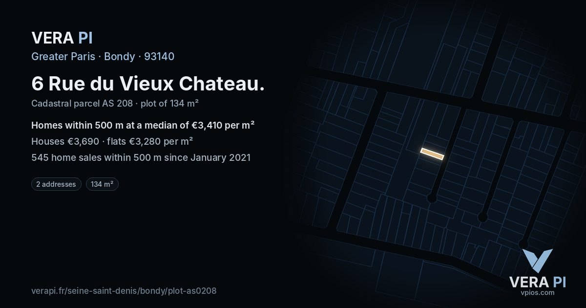 6 Rue du Vieux Chateau, Bondy at night – the plot lit, the parcels around coloured by the prices near them