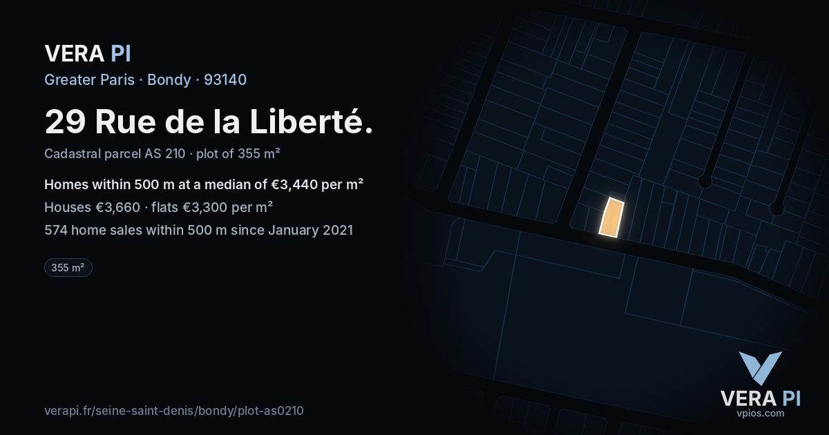 29 Rue de la Liberté, Bondy at night – the plot lit, the parcels around coloured by the prices near them