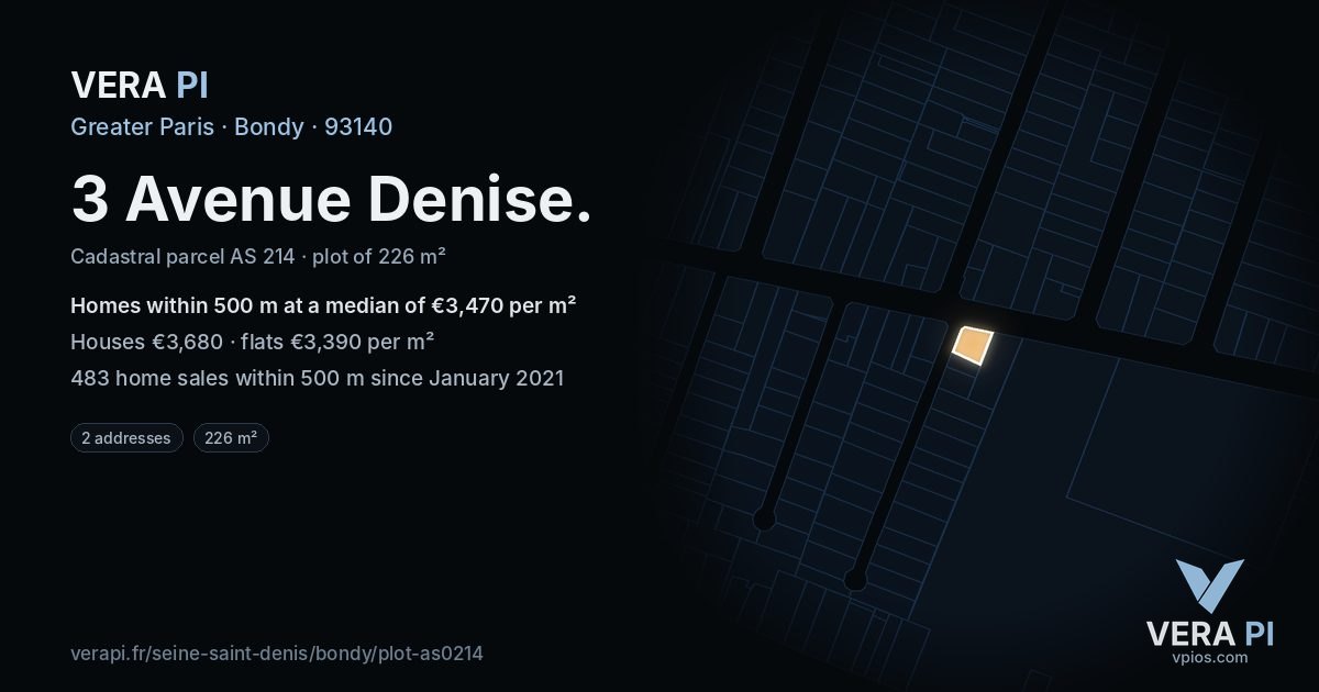 3 Avenue Denise, Bondy at night – the plot lit, the parcels around coloured by the prices near them