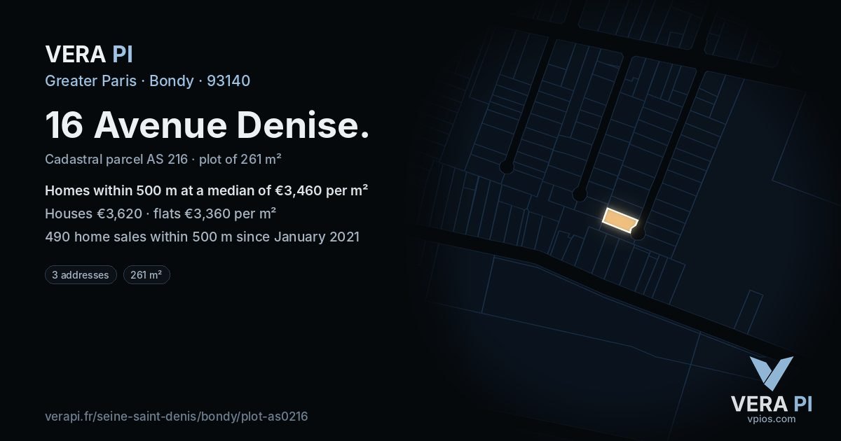16 Avenue Denise, Bondy at night – the plot lit, the parcels around coloured by the prices near them