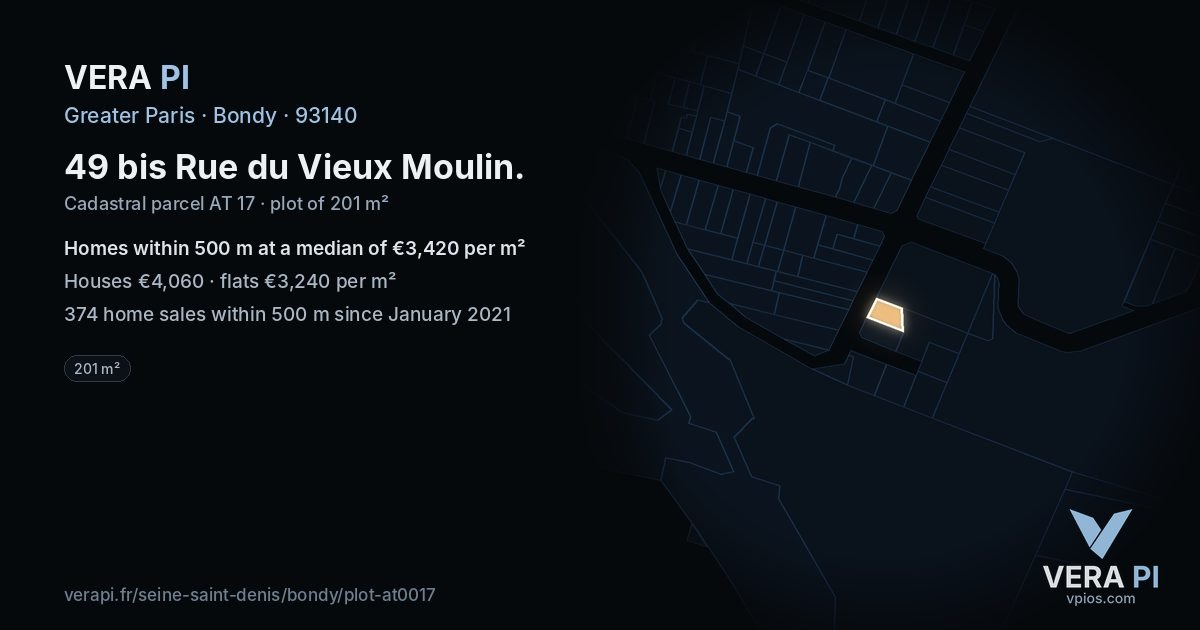 49 bis Rue du Vieux Moulin, Bondy at night – the plot lit, the parcels around coloured by the prices near them
