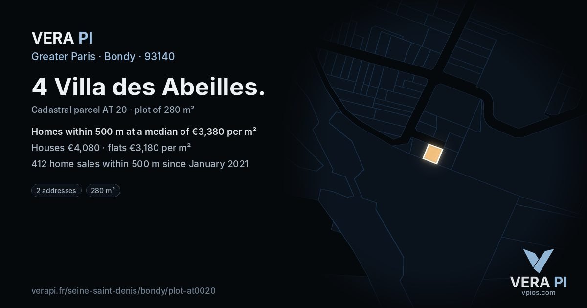 4 Villa des Abeilles, Bondy at night – the plot lit, the parcels around coloured by the prices near them