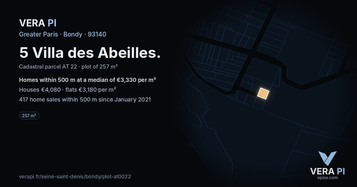 5 Villa des Abeilles, Bondy at night – the plot lit, the parcels around coloured by the prices near them