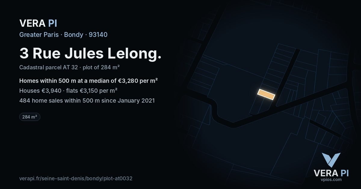3 Rue Jules Lelong, Bondy at night – the plot lit, the parcels around coloured by the prices near them
