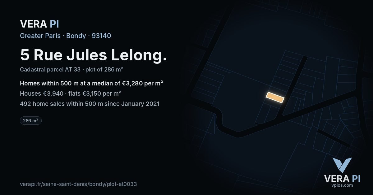 5 Rue Jules Lelong, Bondy at night – the plot lit, the parcels around coloured by the prices near them