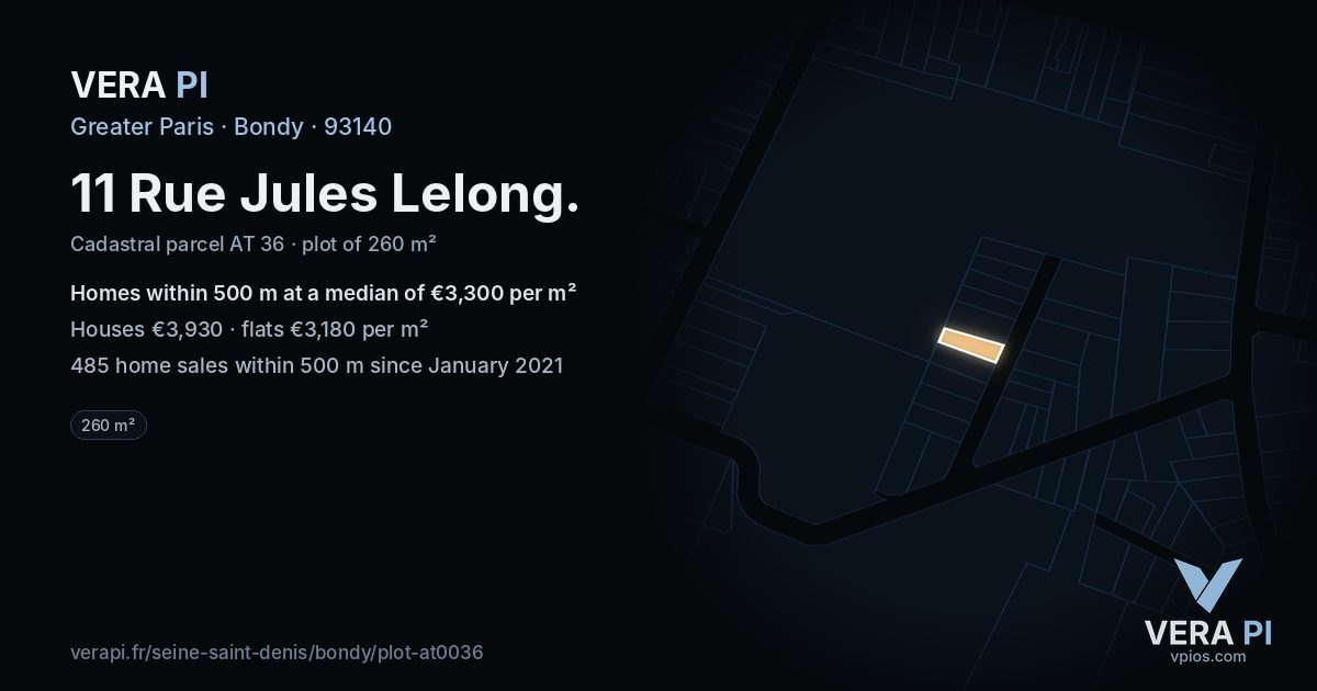 11 Rue Jules Lelong, Bondy at night – the plot lit, the parcels around coloured by the prices near them