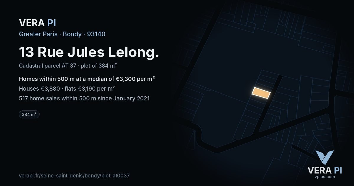 13 Rue Jules Lelong, Bondy at night – the plot lit, the parcels around coloured by the prices near them