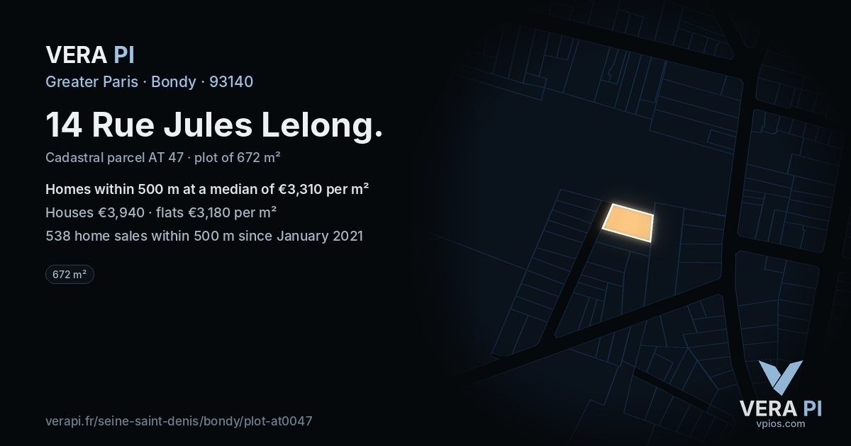 14 Rue Jules Lelong, Bondy at night – the plot lit, the parcels around coloured by the prices near them