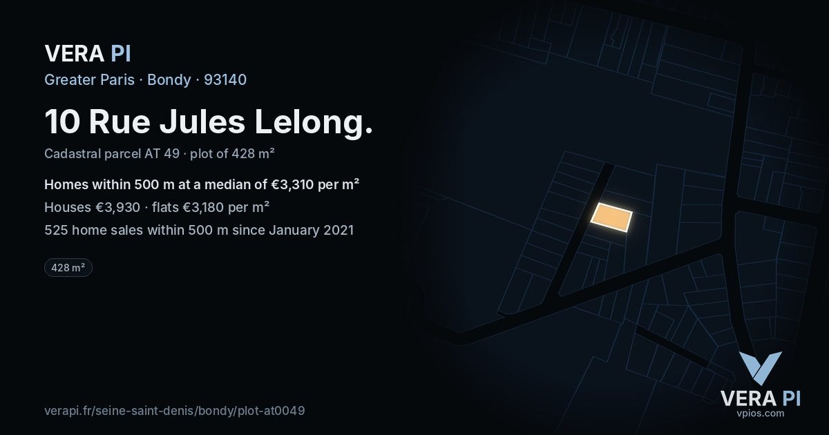 10 Rue Jules Lelong, Bondy at night – the plot lit, the parcels around coloured by the prices near them