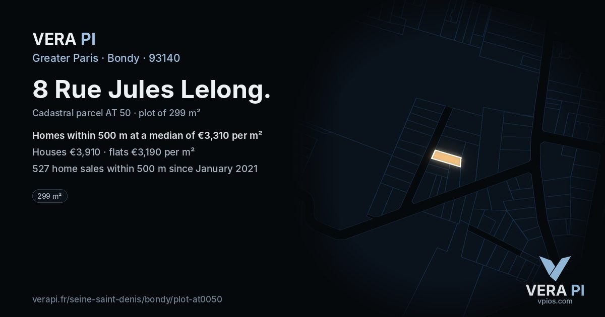 8 Rue Jules Lelong, Bondy at night – the plot lit, the parcels around coloured by the prices near them