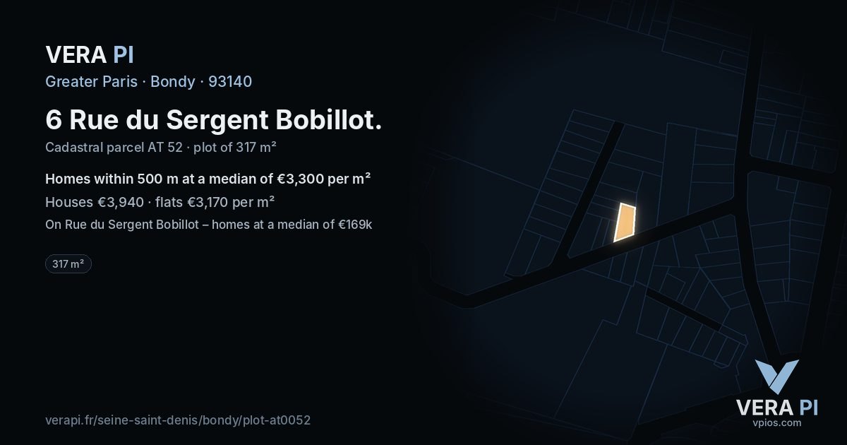 6 Rue du Sergent Bobillot, Bondy at night – the plot lit, the parcels around coloured by the prices near them