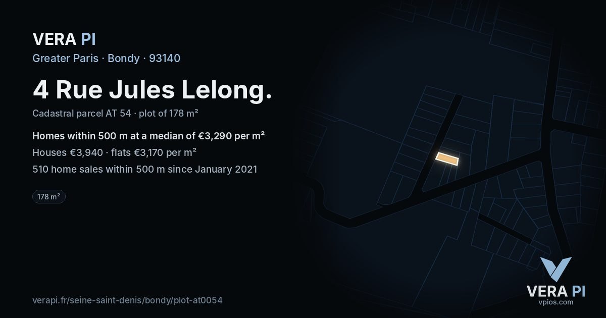 4 Rue Jules Lelong, Bondy at night – the plot lit, the parcels around coloured by the prices near them
