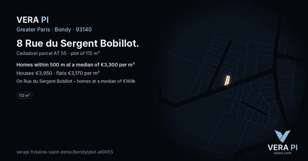 8 Rue du Sergent Bobillot, Bondy at night – the plot lit, the parcels around coloured by the prices near them