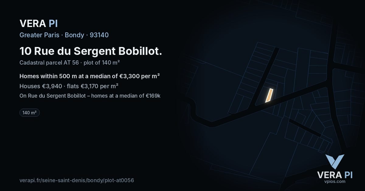 10 Rue du Sergent Bobillot, Bondy at night – the plot lit, the parcels around coloured by the prices near them