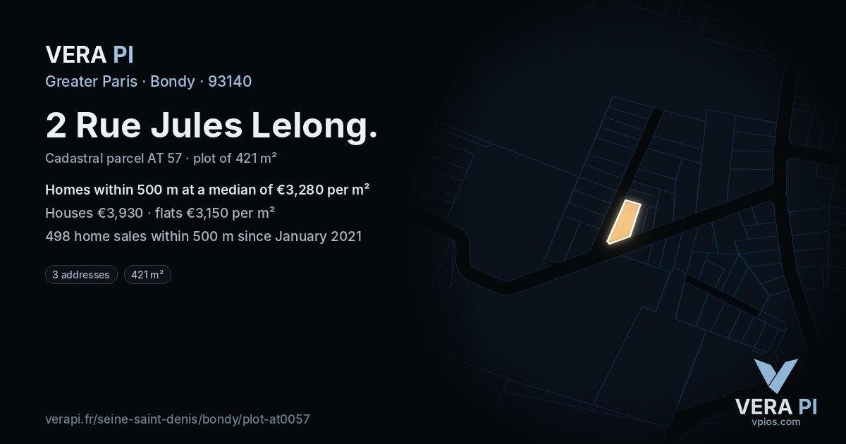 2 Rue Jules Lelong, Bondy at night – the plot lit, the parcels around coloured by the prices near them