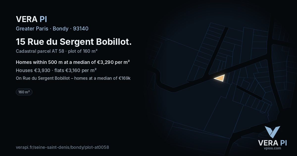 15 Rue du Sergent Bobillot, Bondy at night – the plot lit, the parcels around coloured by the prices near them