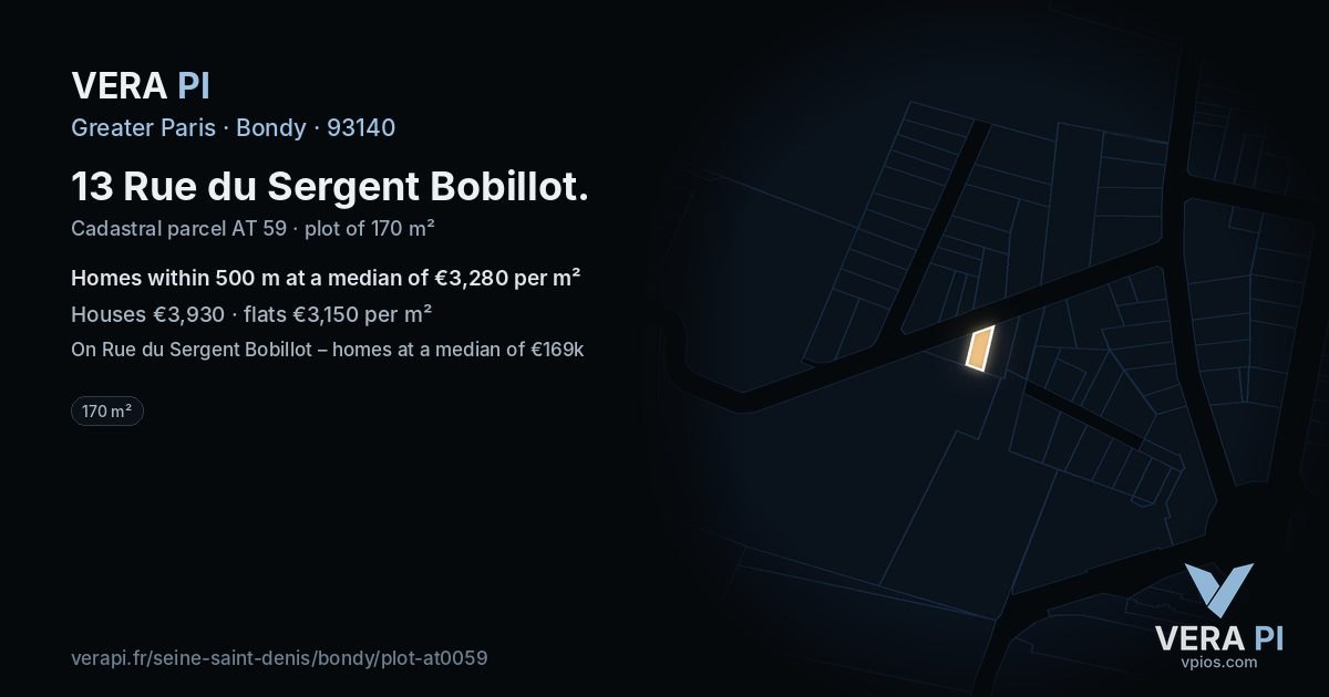 13 Rue du Sergent Bobillot, Bondy at night – the plot lit, the parcels around coloured by the prices near them