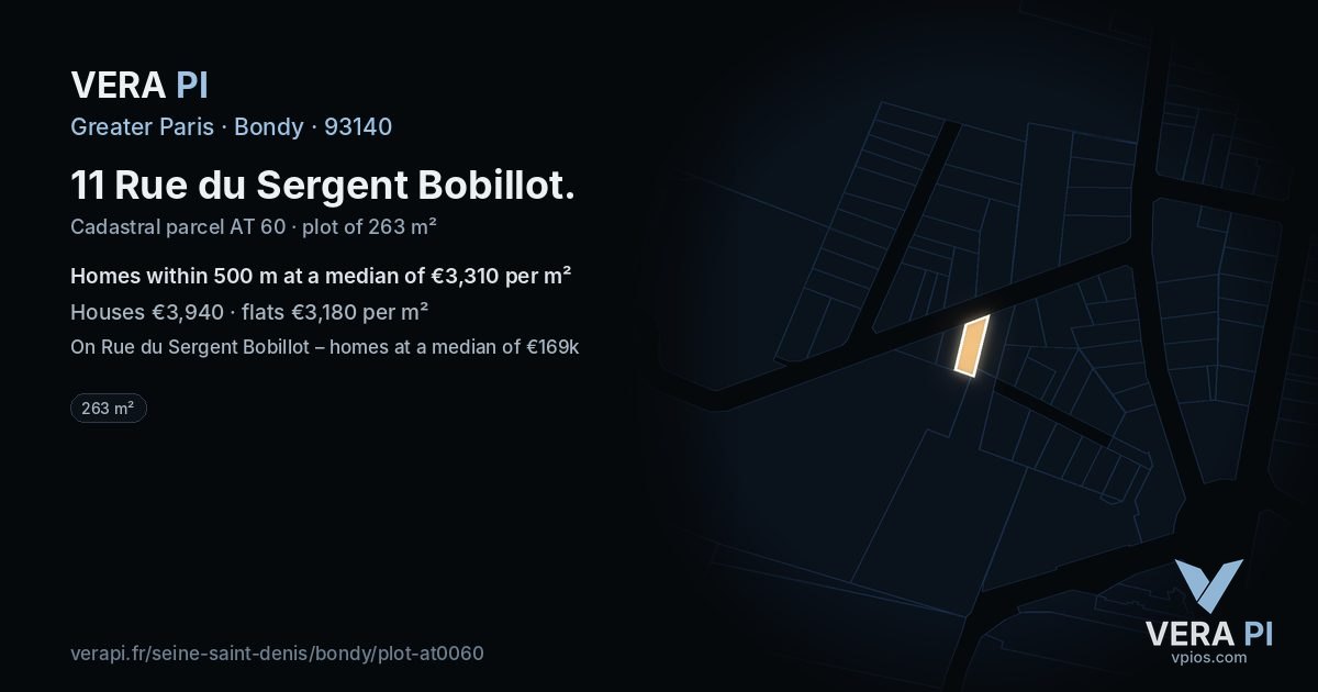 11 Rue du Sergent Bobillot, Bondy at night – the plot lit, the parcels around coloured by the prices near them
