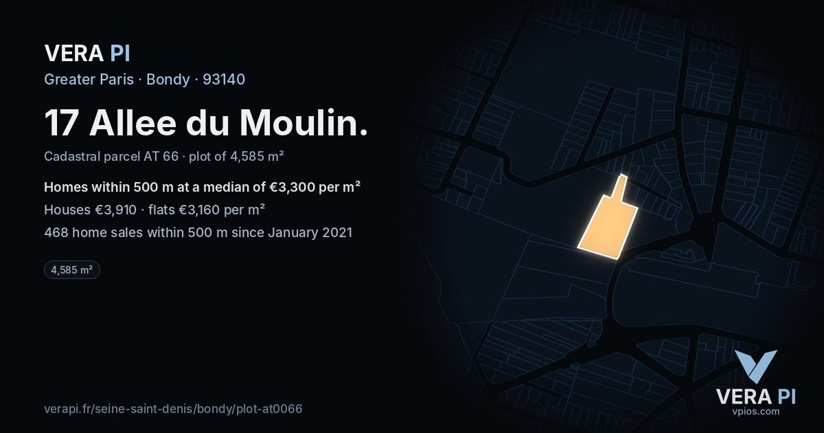 17 Allee du Moulin, Bondy at night – the plot lit, the parcels around coloured by the prices near them