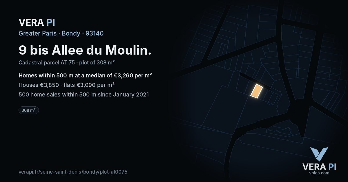 9 bis Allee du Moulin, Bondy at night – the plot lit, the parcels around coloured by the prices near them