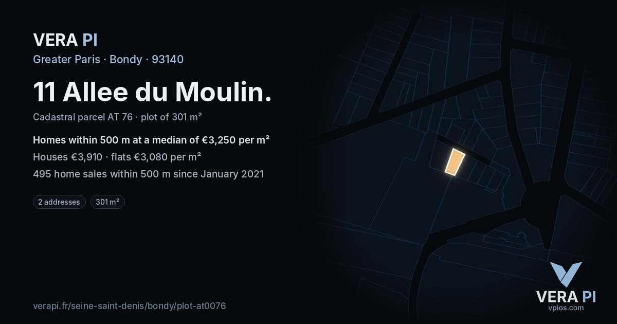 11 Allee du Moulin, Bondy at night – the plot lit, the parcels around coloured by the prices near them
