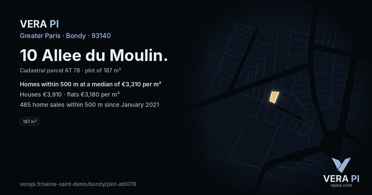 10 Allee du Moulin, Bondy at night – the plot lit, the parcels around coloured by the prices near them