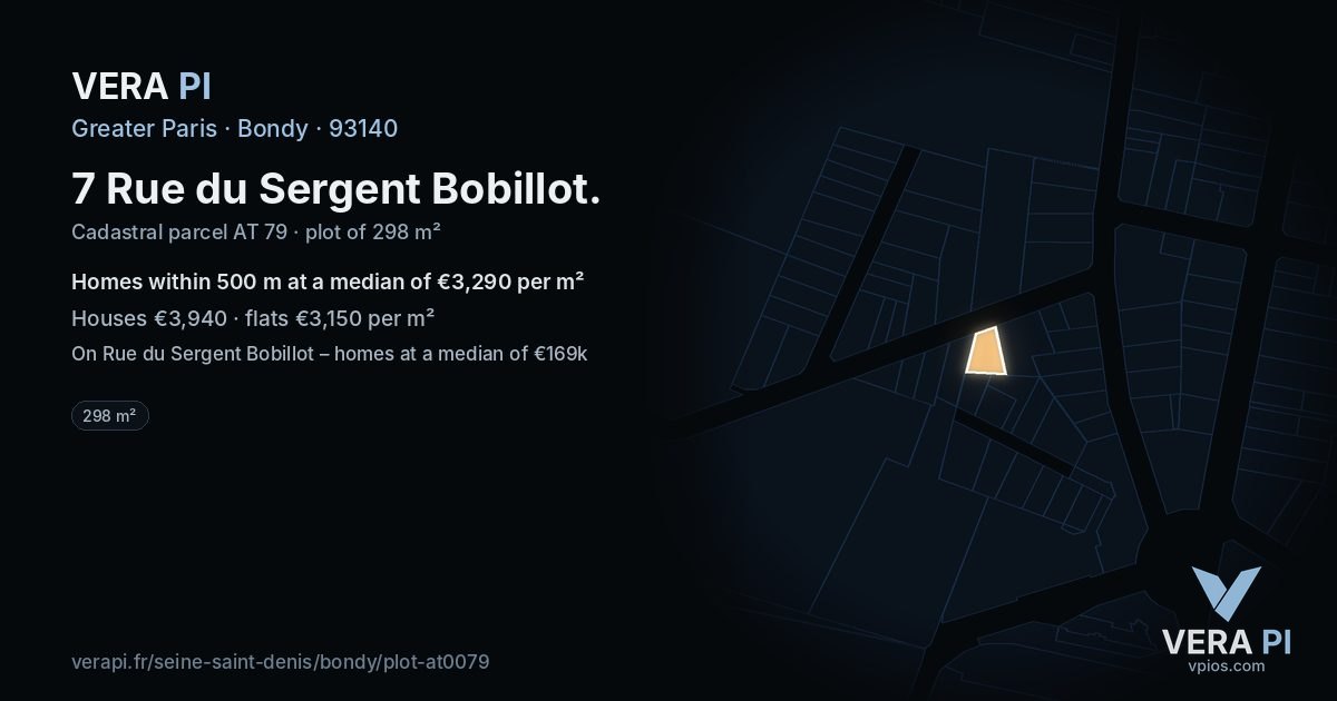 7 Rue du Sergent Bobillot, Bondy at night – the plot lit, the parcels around coloured by the prices near them