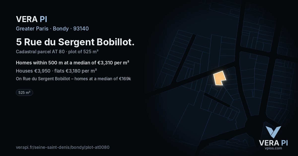 5 Rue du Sergent Bobillot, Bondy at night – the plot lit, the parcels around coloured by the prices near them