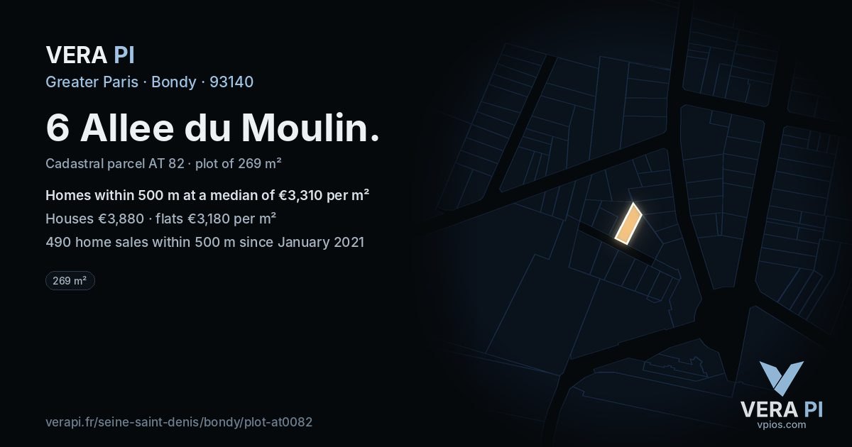 6 Allee du Moulin, Bondy at night – the plot lit, the parcels around coloured by the prices near them