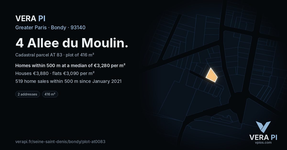 4 Allee du Moulin, Bondy at night – the plot lit, the parcels around coloured by the prices near them