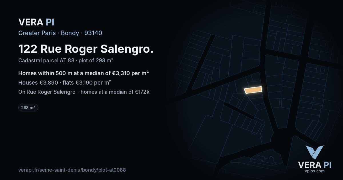 122 Rue Roger Salengro, Bondy at night – the plot lit, the parcels around coloured by the prices near them