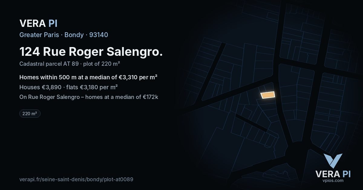 124 Rue Roger Salengro, Bondy at night – the plot lit, the parcels around coloured by the prices near them