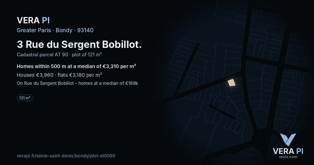 3 Rue du Sergent Bobillot, Bondy at night – the plot lit, the parcels around coloured by the prices near them
