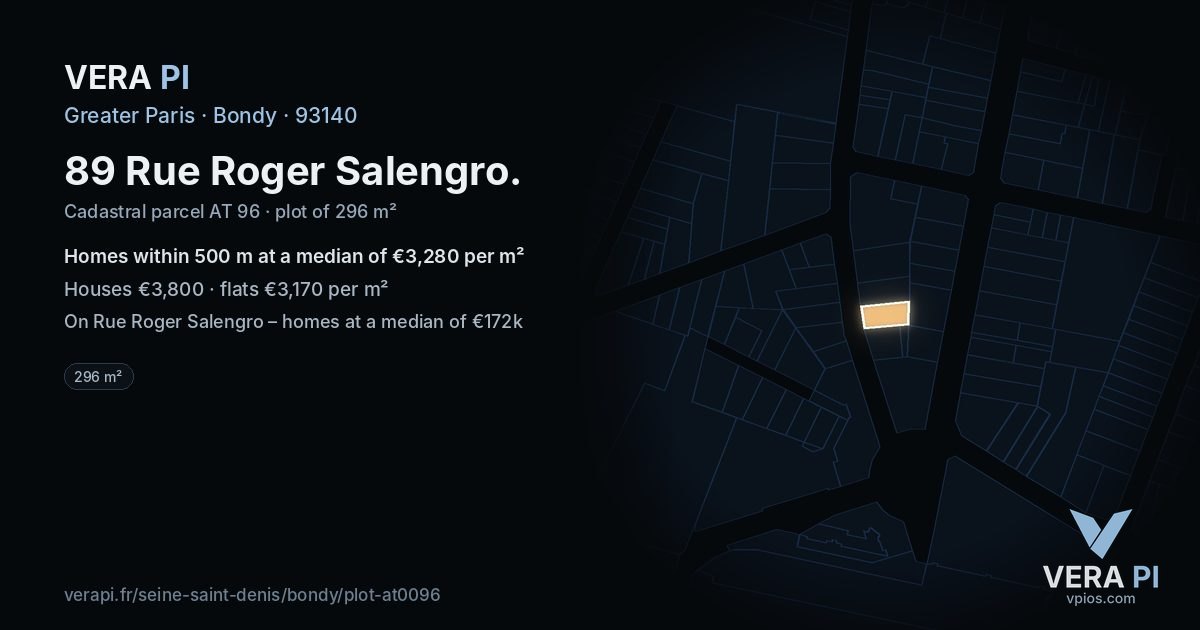89 Rue Roger Salengro, Bondy at night – the plot lit, the parcels around coloured by the prices near them