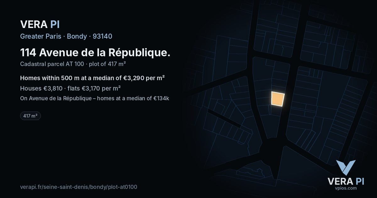 114 Avenue de la République, Bondy at night – the plot lit, the parcels around coloured by the prices near them