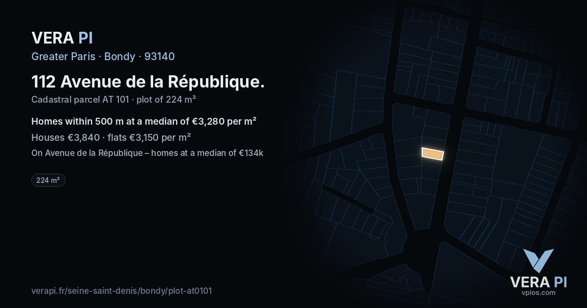 112 Avenue de la République, Bondy at night – the plot lit, the parcels around coloured by the prices near them