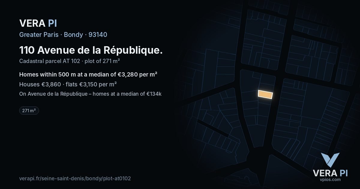 110 Avenue de la République, Bondy at night – the plot lit, the parcels around coloured by the prices near them