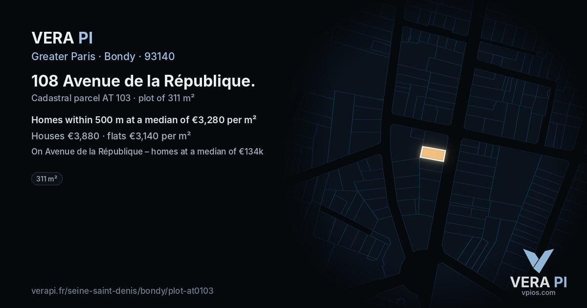 108 Avenue de la République, Bondy at night – the plot lit, the parcels around coloured by the prices near them